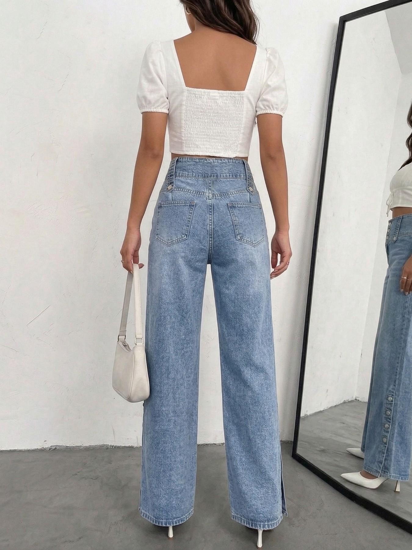 Women's Four-Season Casual Plain Denim Fashion Aesthetic Side Split Button Daily Commute Versatile Fit Mid-Waist Blue Pocket Jeans Pants, Trendy and Comfortable