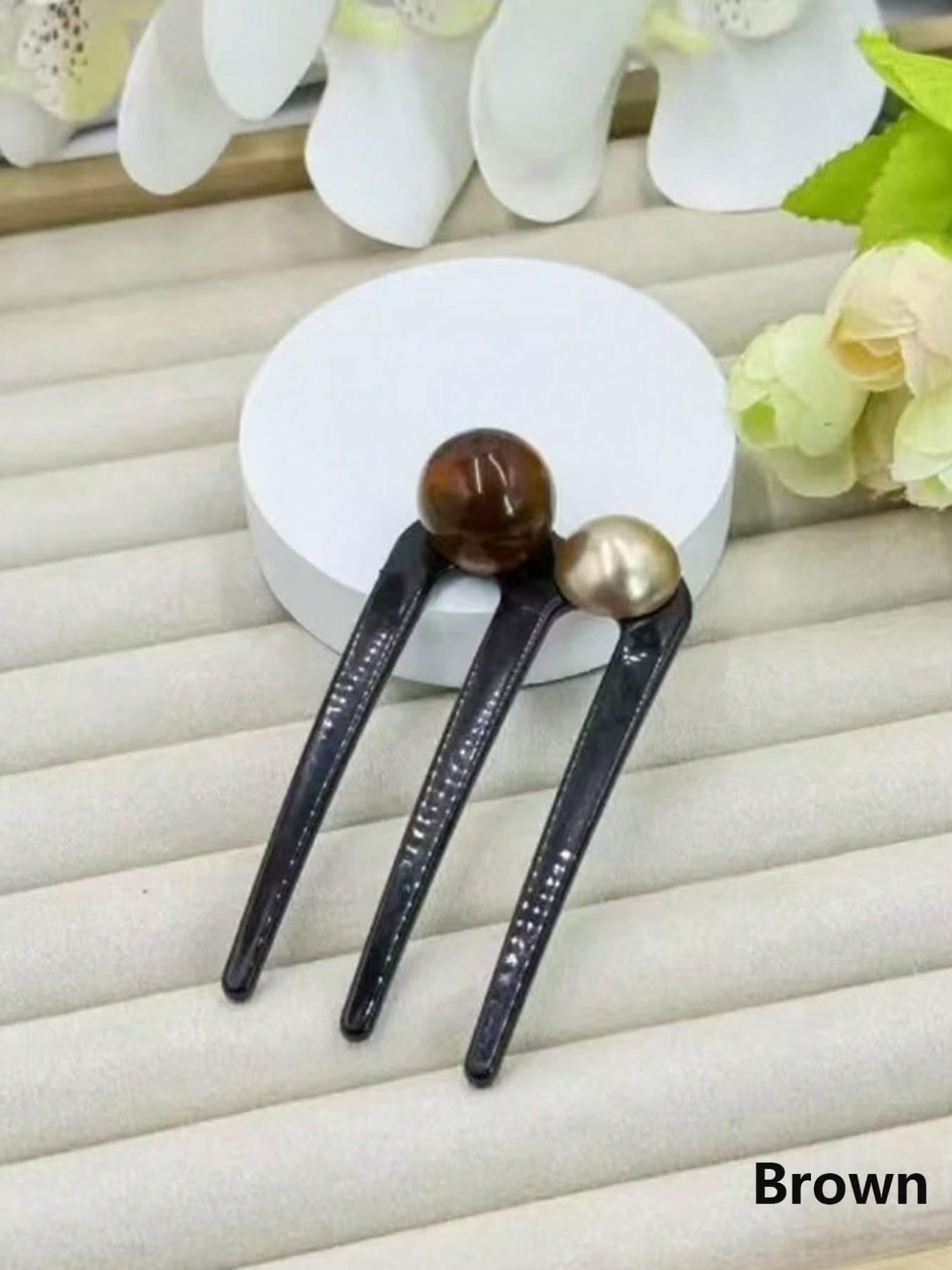 Elegant Three-Tooth Bead U-Shaped Hairpin，Bun Updo Hairpin， Vintage Hair Clips - Black & White with Green Synthetic Gemstonestone Accents, Versatile for Casual & Formal Occasions, All-Season girls Hair Accessories, Hair Accessories, Classic Hairpins,