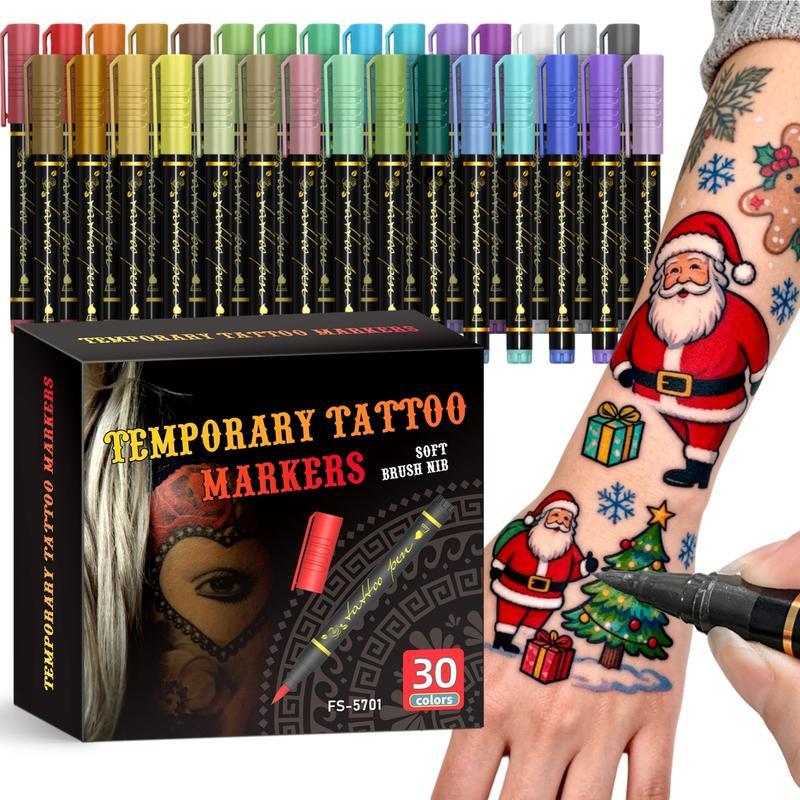 Temporary Tattoo Markers for Skin, 10/15/30-Count Body Markers+ Large Tattoo Stencils, Mehndi Stencils,10/15/30 Colors Tattoo Pens,Flexible Brush Tip, Bright colors, Face Paint Kit Quality,Halloween makeup