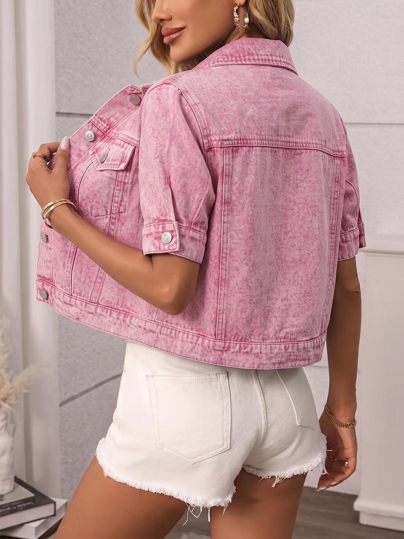 Women's Classic Short Sleeve Denim Jacket, Casual Single Button Short Denim Collar Top, Summer Outerwear, Loose-Fitting
