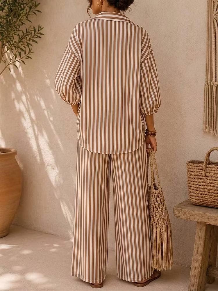 Women's Striped Pattern 2-Piece Set, Collared Neck Long-Sleeve Shirt + Loose-Fit Pants