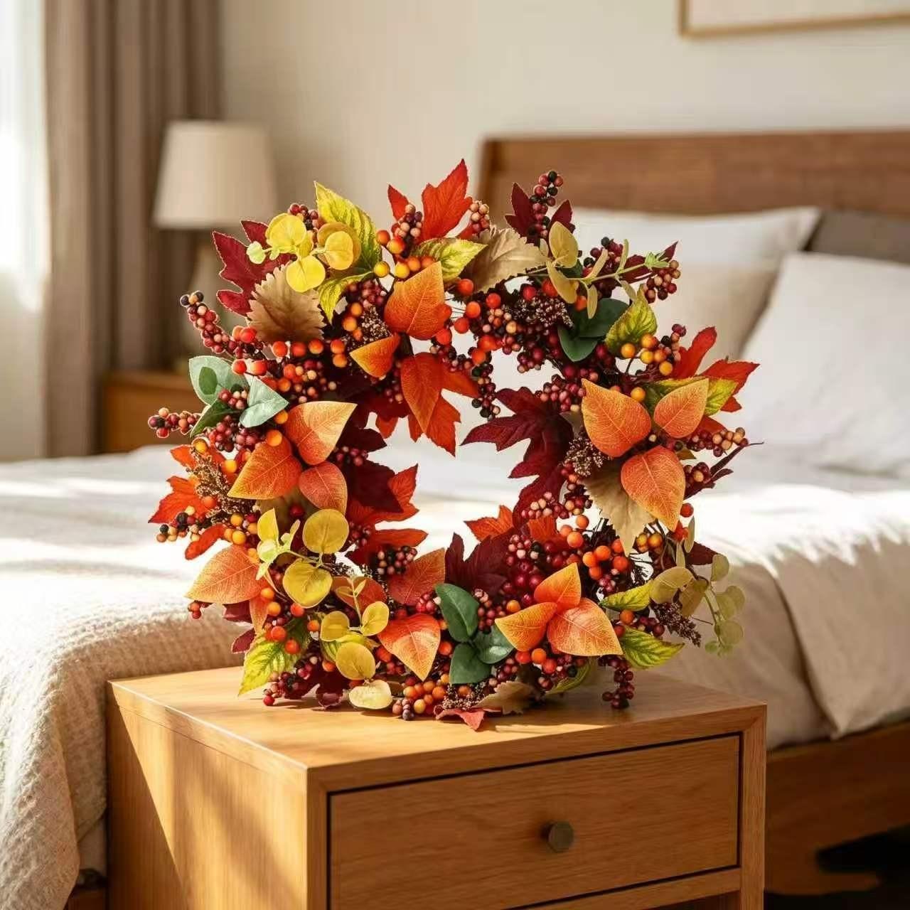 Vibrant Autumn Artificial Wreath, Maple Leaves with Mixed Berries, Rustic Thanksgiving and Fall Porch Decor