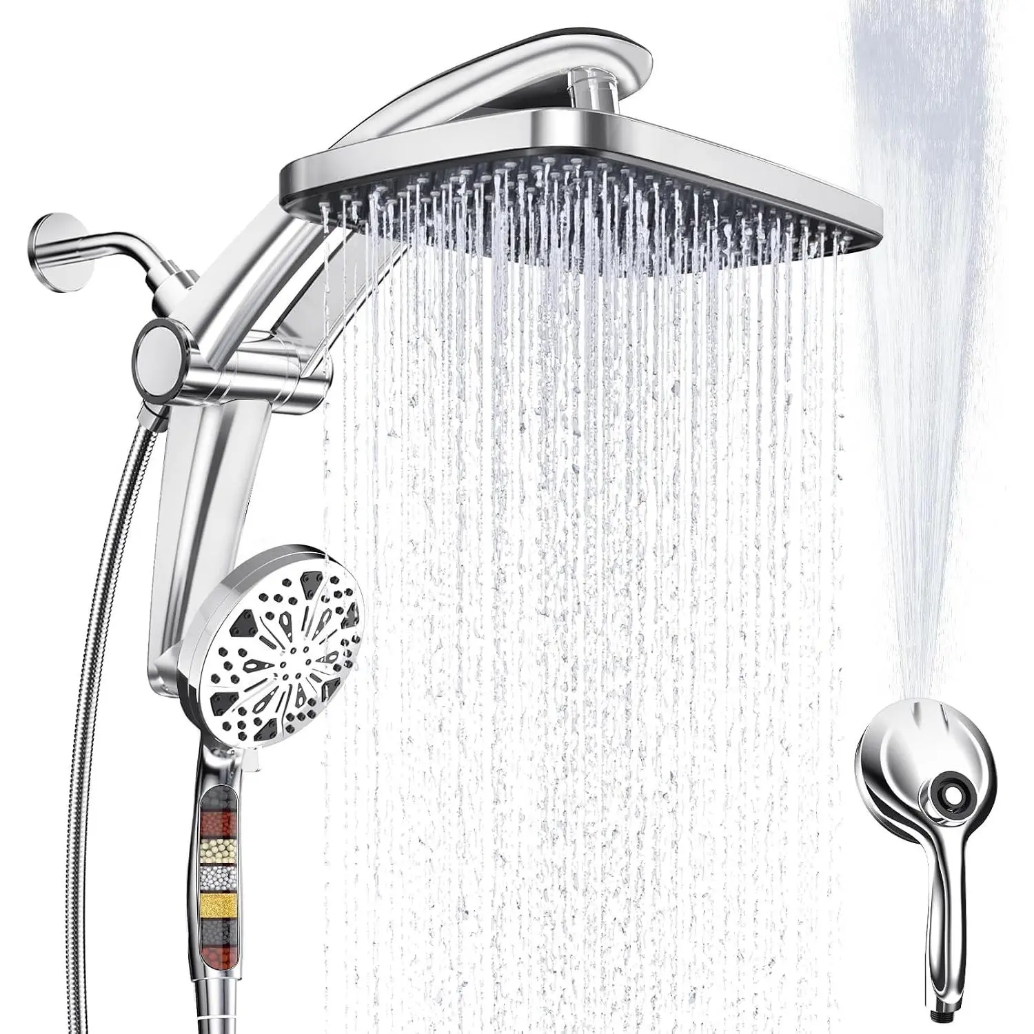 Rain Shower Head with filtered Handheld High Pressure rainfall Shower Heads with Handheld Spray Combo Adjustable one-piece stand dual shower head Built-in Magnetic Docking and Power Jets; one-piece bracket adjusts height and angle; 9 settings: 8 spra