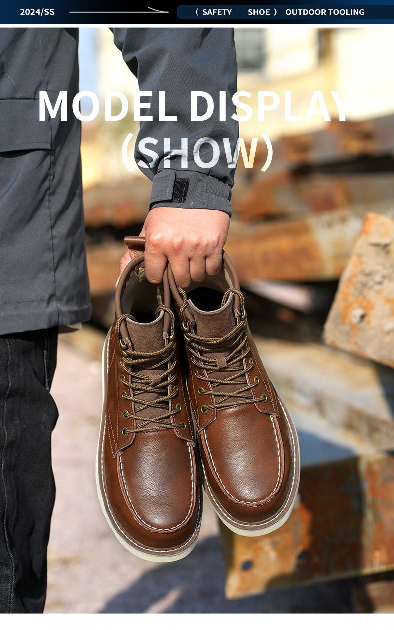 Men's Workwear - style Steel - toe Sports Non - slip Work Shoes, High - top Leather Safety Boots, with Anti - smashing, Anti - piercing, Shock - absorbing and Wear - resistant Properties. Footwear, Fathersday Gift. Classic Boy Closed
