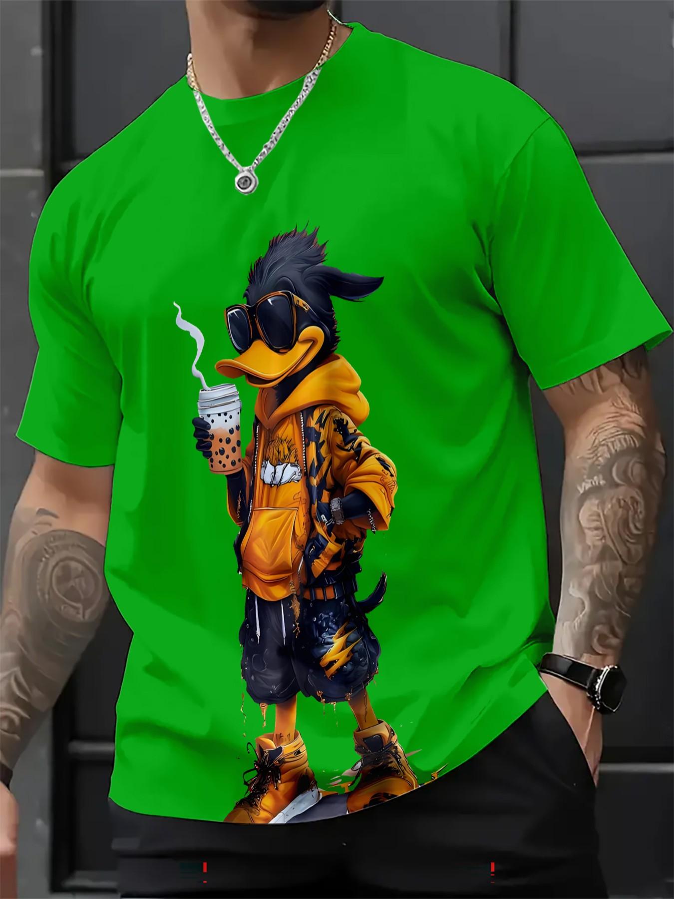 Men's 3D Cartoon Print Round Neck Short Sleeve Casual T-Shirt, Fitted All over Print, Long Clothing, All Seasons Wear