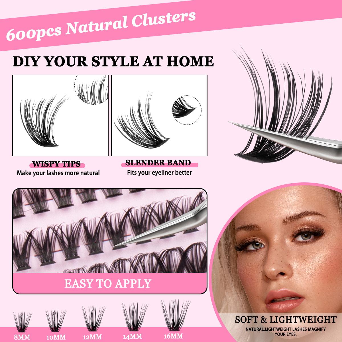 DIY Lash Clusters Kit, 600 Pcs Eyelashes Clusters Extensions Kit 8-16mm Individual Lashes D Curl Mixed False Eyelashes, Eyelash Set, with Bond&Seal&Eyelash Tweezers& Brush