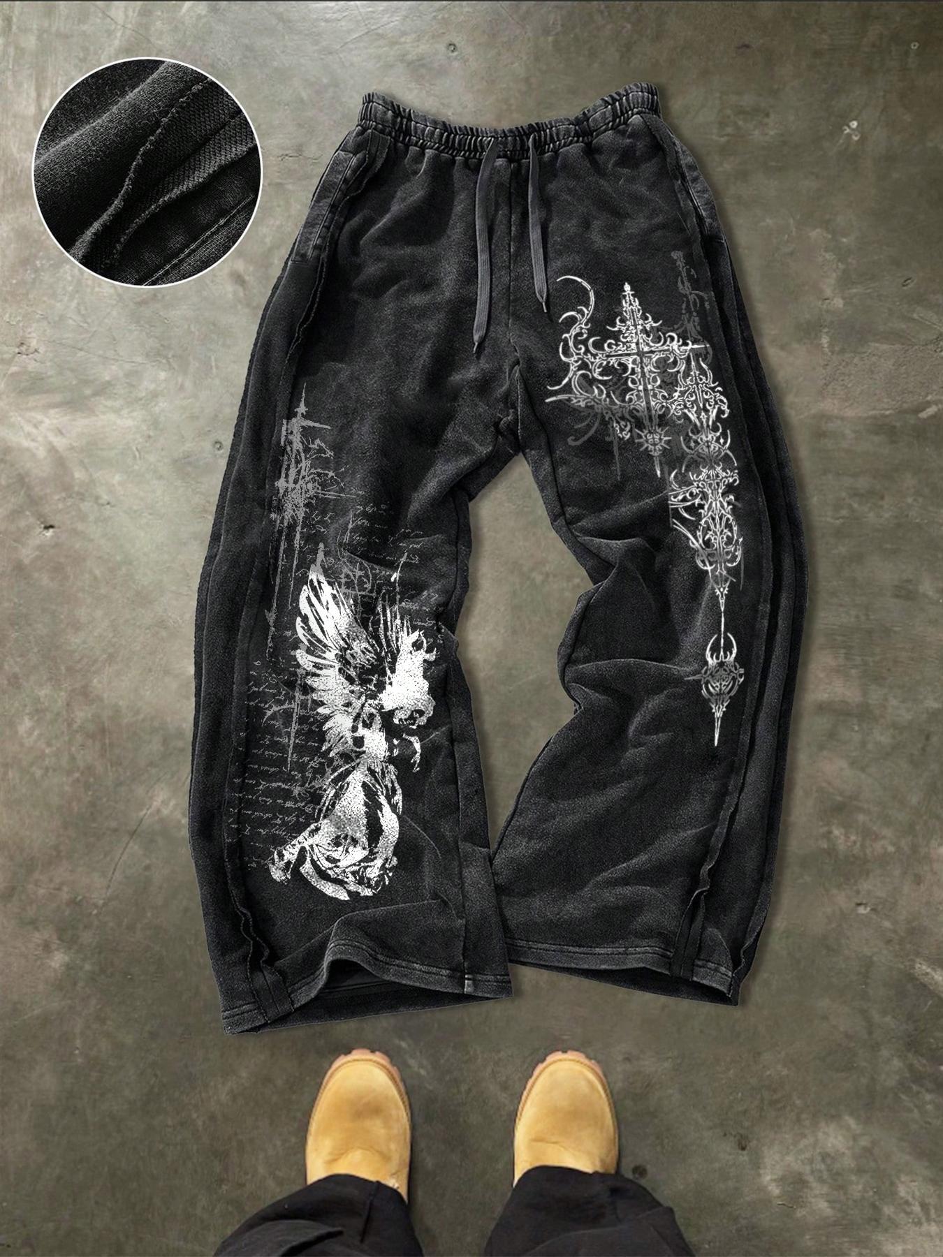 Men's Washed Cotton Sweatpants with Side Hem Stitching Design, Gothic Print Pattern, Comfortable Casual Pants for Daily Wear