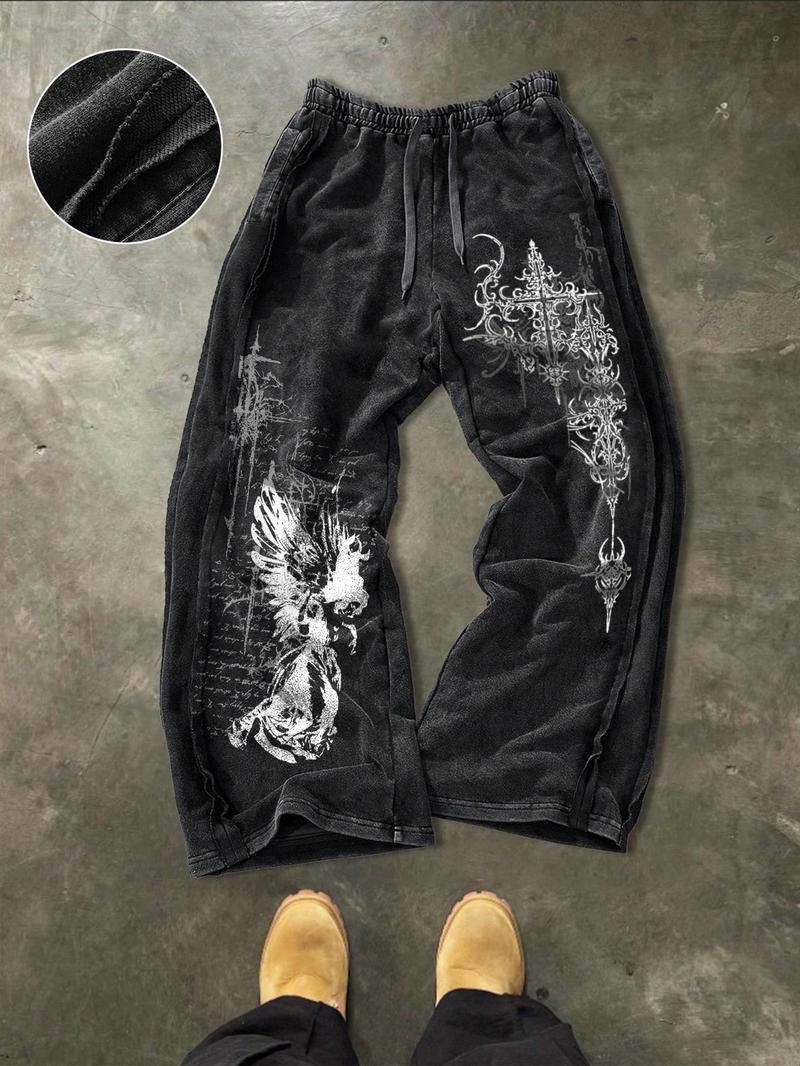 Men's Washed Cotton Sweatpants with Side Stitching, Gothic Pattern, Comfortable Casual Pants for Daily Wear Men's Washed Cotton Sweatpants with Side Stitching, Gothic Pattern, Comfortable Casual Pants for Daily Wear