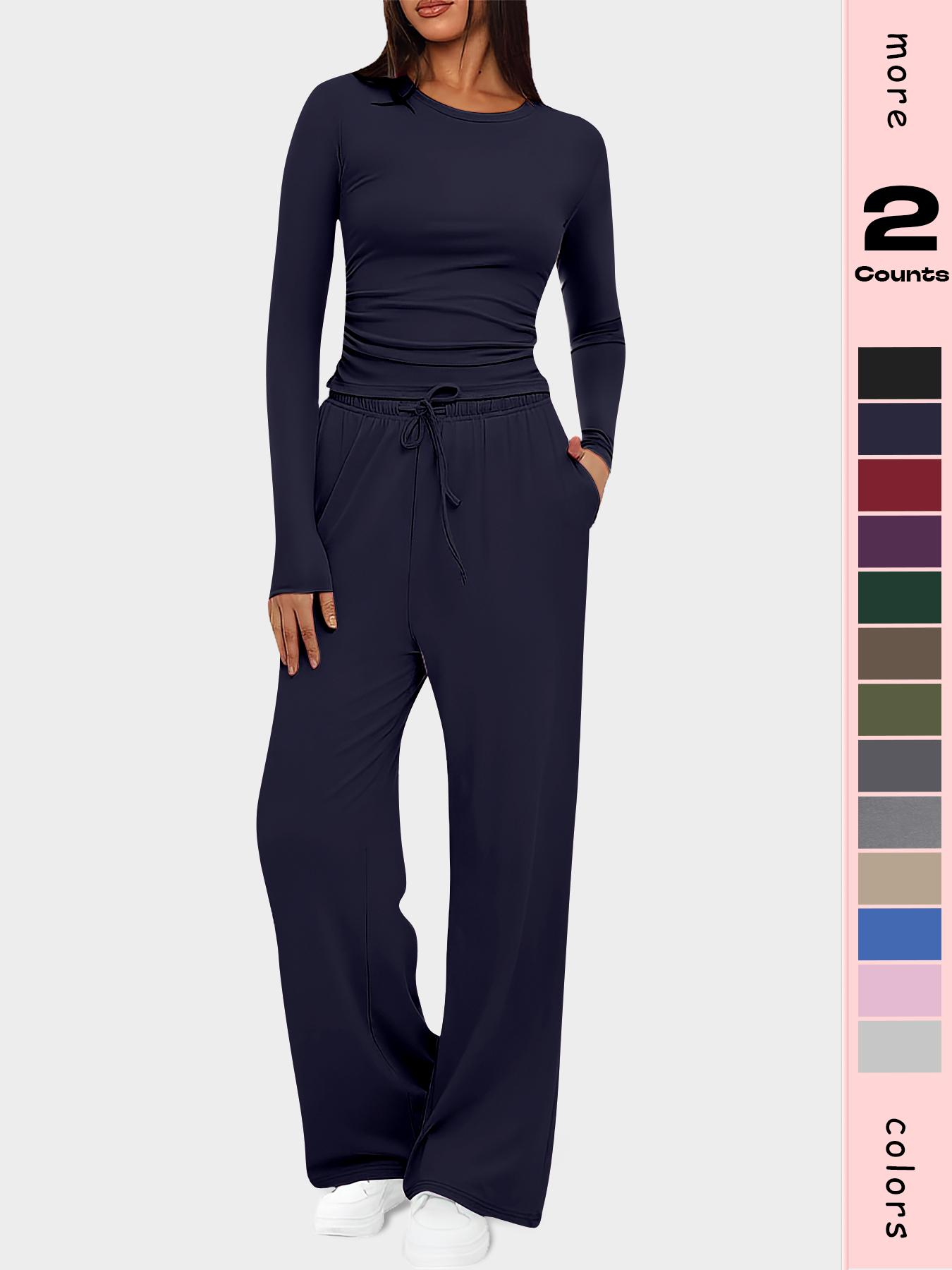 Women's 2-Piece Set Autumn and Winter Loungewear Sets, Ruched Fitted Long Sleeve Tops & High Waisted Wide Leg Pants