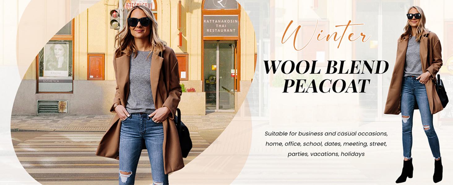 Ommig Women's Notched Lapel Wool Coat Single Breasted Pea Coats Winter Wool Blend Blazer Jacket