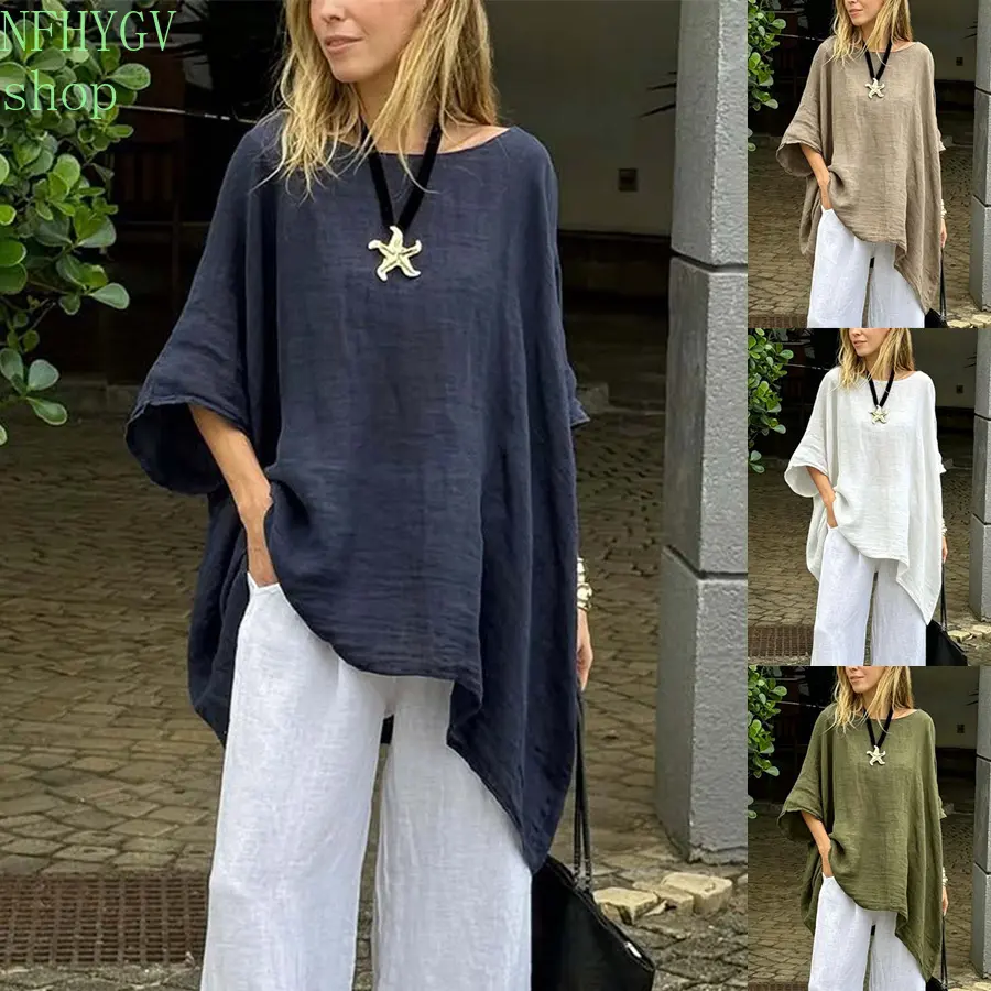 Women’s Loose Linen Batwing Sleeve Tunic Top, Boat Neck Blouse With Irregular Asymmetrical Hem, Oversized Casual Linen Shirt Featuring Side Pocket For Summer Beach, Vacation, Travel And Daily Street Outfits
