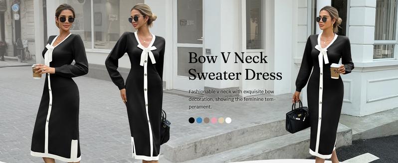 Wenrine Women‘s V Neck Sweater Dress Fall Long Sleeve Button Knit Bodycon Color Block Bow Tie Elegant Midi Dresses