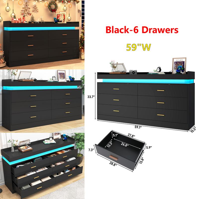 Dresser with LED Light and Charging Station, Modern Chest of Drawers for Closet, Wide Drawer Organizer Cabinet for Bedroom, Living Room, Entryway, Hallway