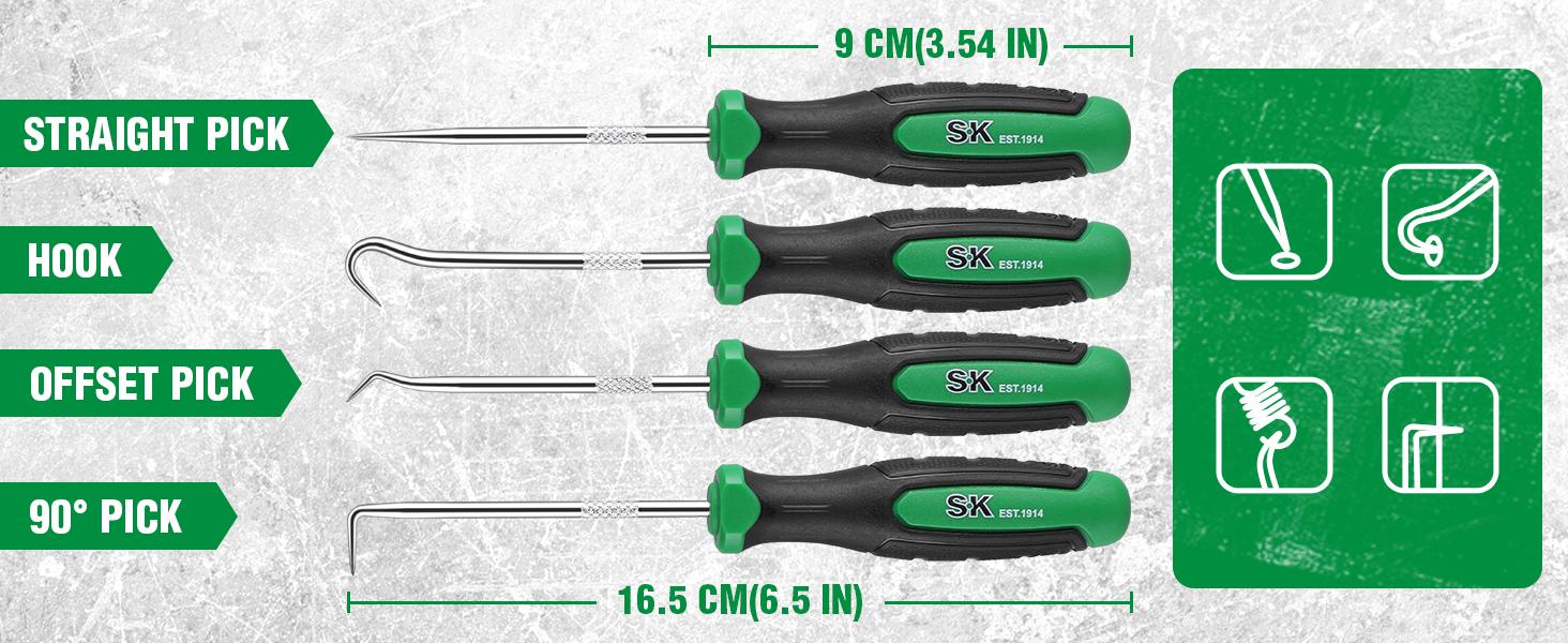 #JumpstartSale SK 4-Count Hook and Pick Set, Straight Pick, Offset Pick, 90°Pick and Hook, Ideal for Auto and Electronics Maintenance Tools