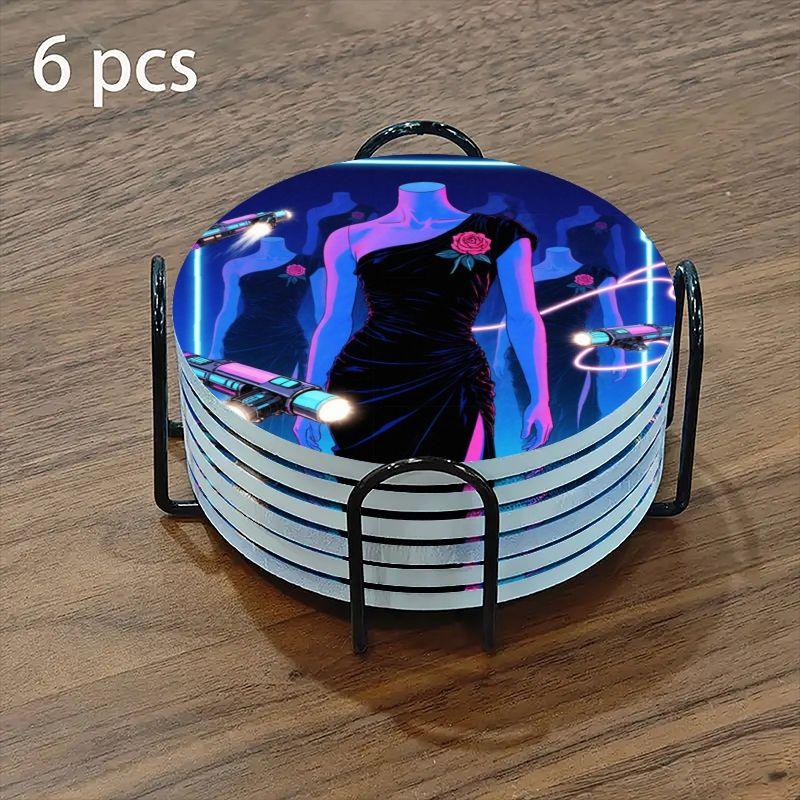 6-piece ceramic coaster set, futuristic theme: black off-the-shoulder dress with neon guns, heat-resistant and non-slip coasters with holders, perfect for home, dining, and as beverage mats.