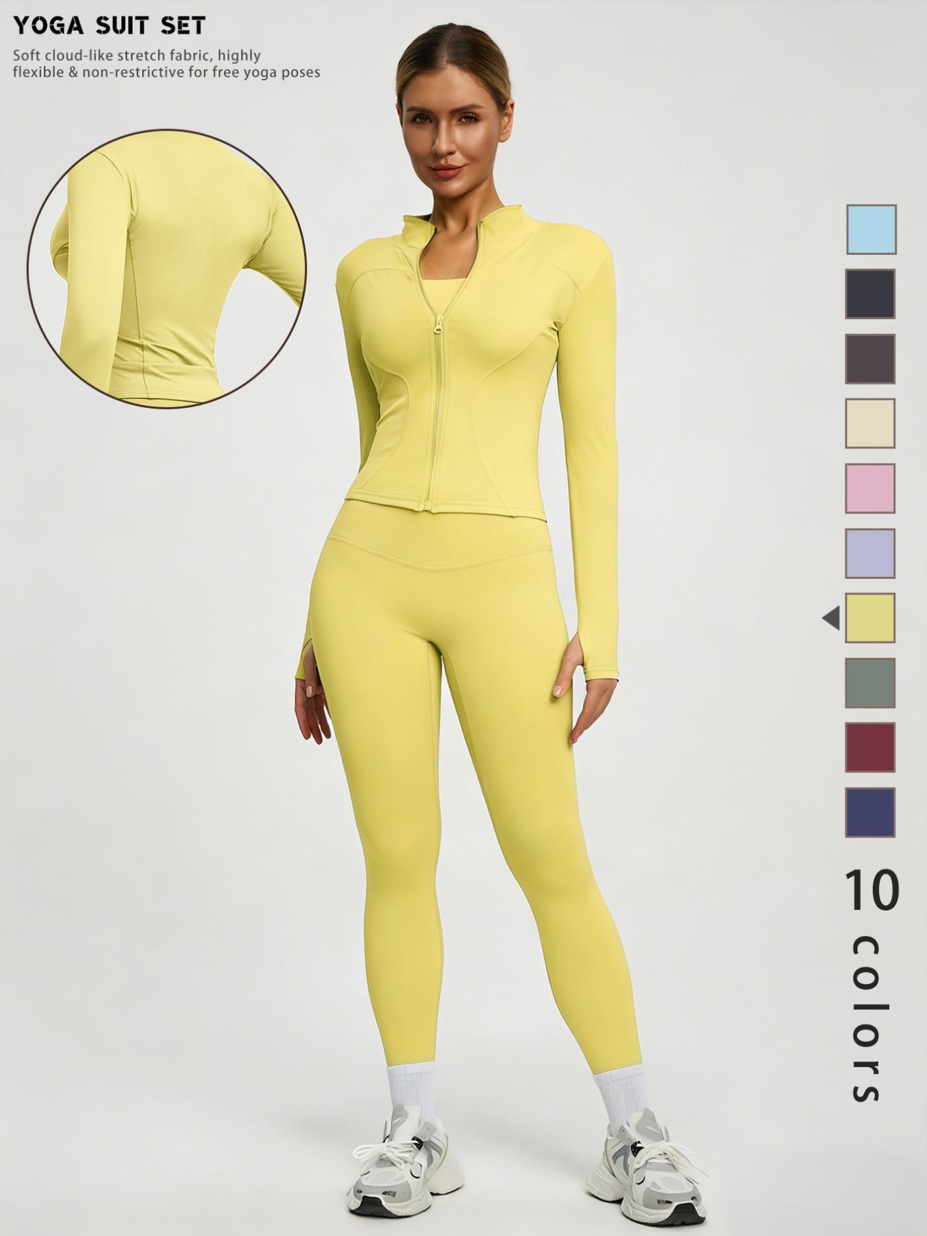 New Women's Solid Color Casual Fashion High-End Long Sleeve Quick-Dry Sports Set, Yoga Essential Jacket, Elastic Tight Yoga Pants, Activewear Clothing