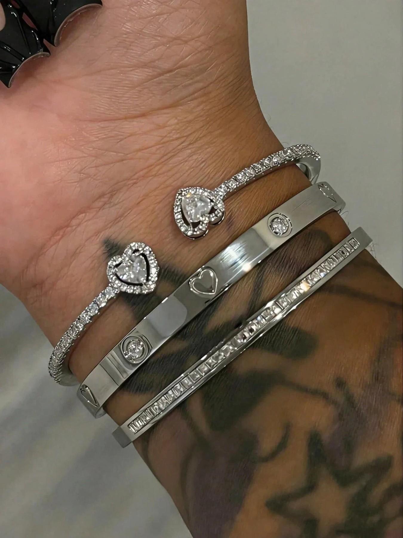 3pc/Set Stainless Steel 18K Gold-Plated Zirconia Heart Bangle, 14K Gold Copper Zirconia Open Cuff Bracelet, Fashion Women's Daily Wear Holiday Gift Set, Elegant Heart-Shaped Zirconia-Studded Bracelet, Stack Bangle, Jewelry Bracelets 3pc/Set Stainless Steel 18K Gold-Plated Zirconia Heart Bangle, 14K Gold Copper Zirconia Open Cuff Bracelet, Fashion Women's Daily Wear Holiday Gift Set, Elegant Heart-Shaped Zirconia-Studded Bracelet, Stack Bangle, Jewelry Bracelets