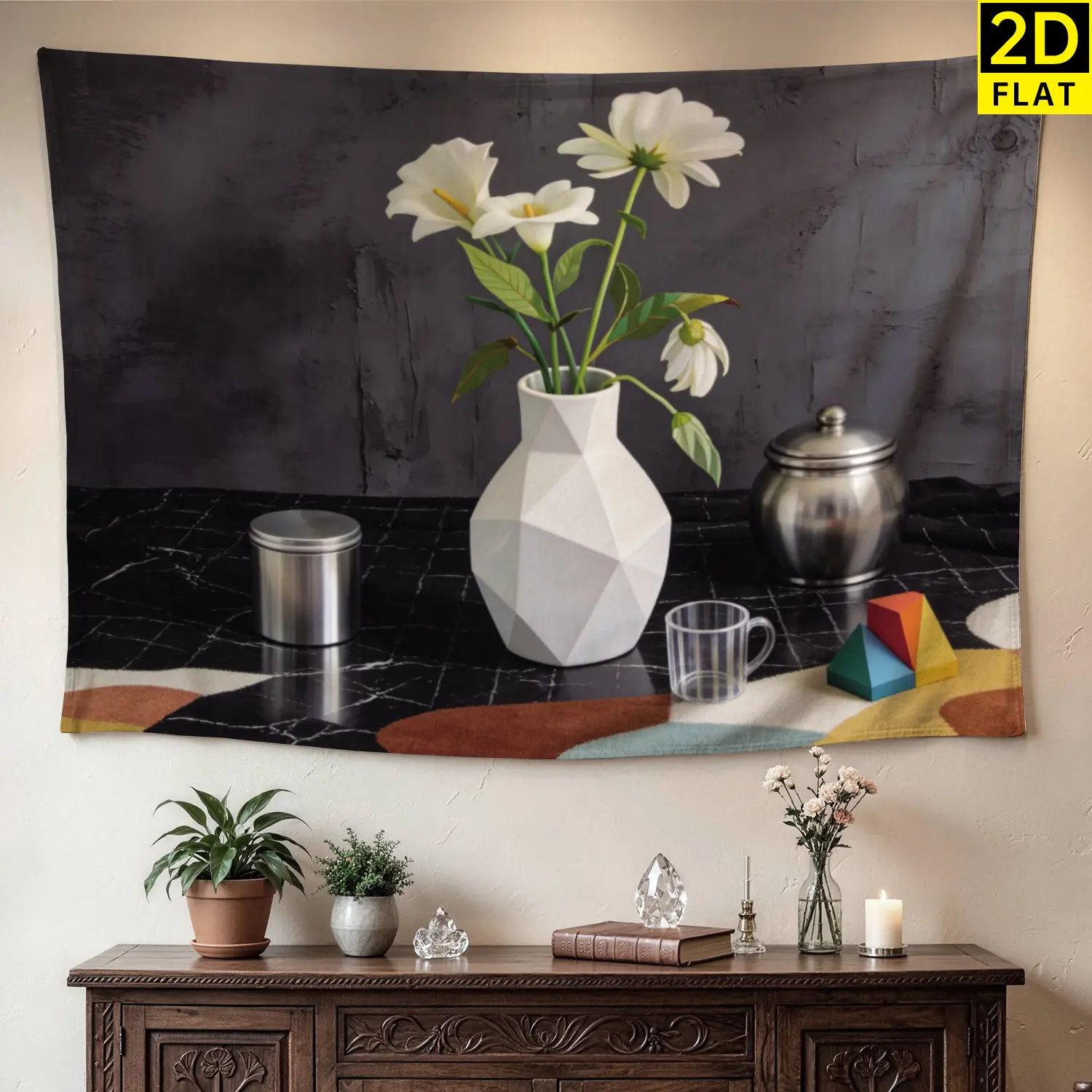 Elegant White Floral Print Wall Tapestry - Large Horizontal Polyester Artwork, No-Installation Home Decor, Hippie Chic Wall Hanging for Living Room, Bedroom, Gift Idea for Family and Friends