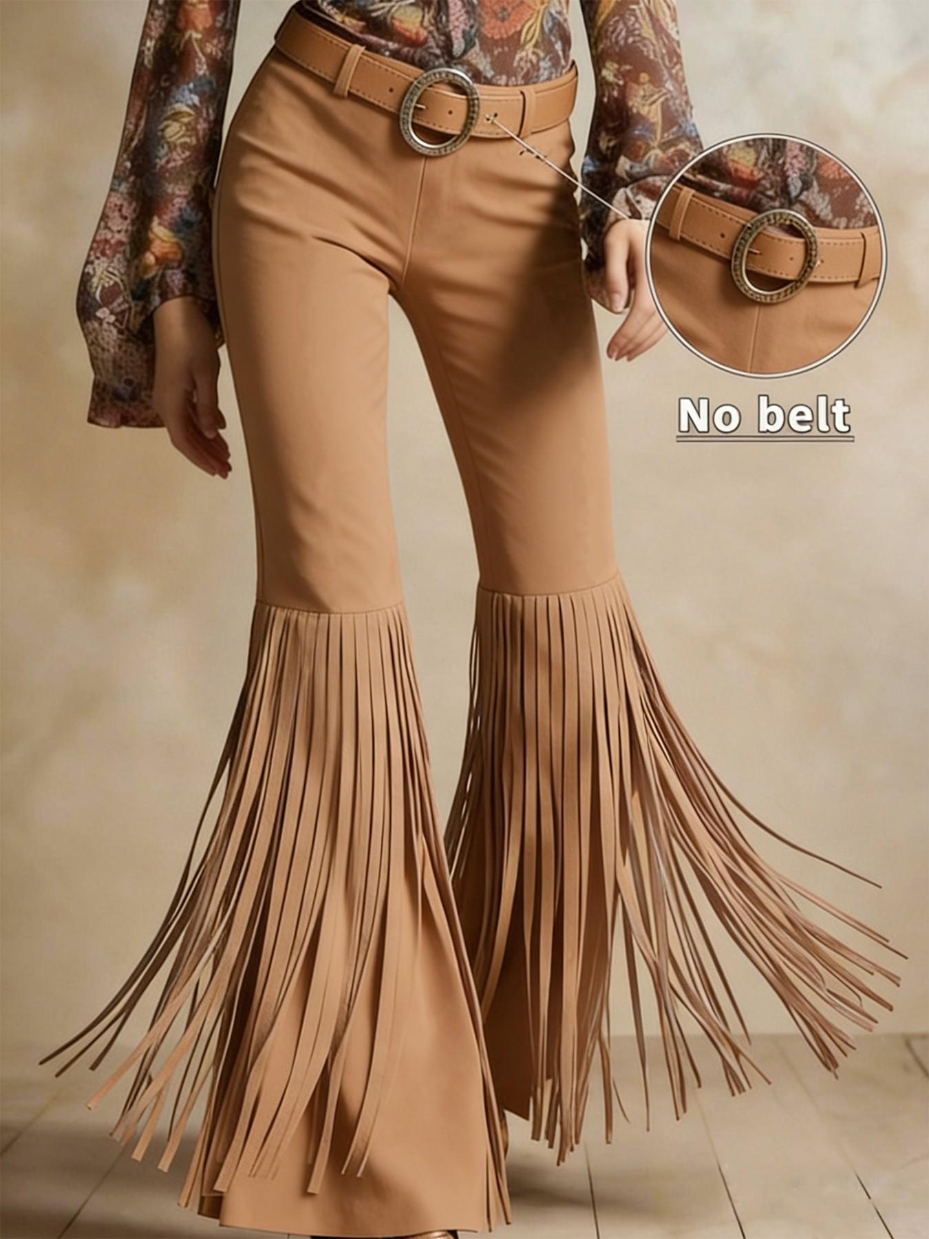 Women's Elegant Retro Textured Suede Style Bootcut Pants Slim Leg Fit, Long Fringed Hem Country Music Festival Daywear Cowgirl Style