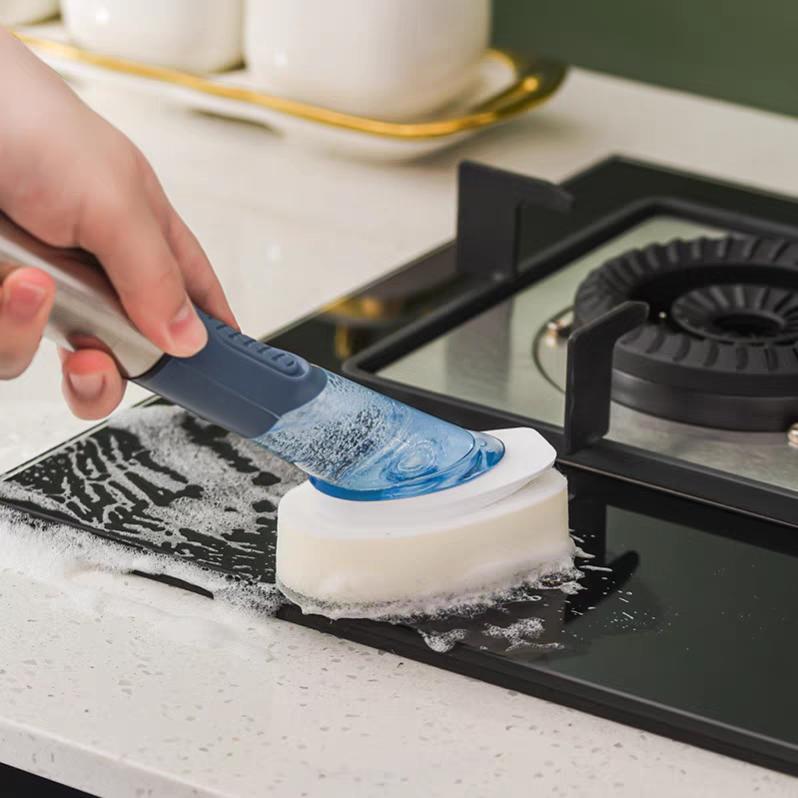 Dish Scrub Brush with Soap Dispenser – 4 Replaceable Heads & Stainless Steel Handle, All-in-One Kitchen Cleaning Brush for Dishes, Pots & Pans Cleaner Remover Tool Blue