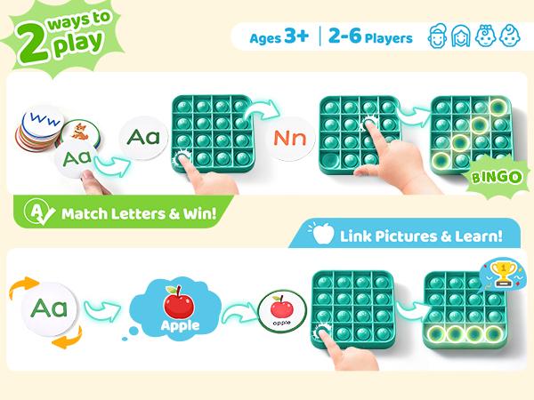 JoyCat Alphabet Bingo Board Game, ABC Learning Toys, Bingo Game for Kids Kindergarten Preschool 1st 2nd 3rd (6 Fidget Pads + 26 Flash Cards)