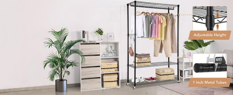 Heavy Duty Garment Rack with 3 Tier Adjustable Wire Shelves, Heavy Duty Rolling Clothes Shelving Unit, 1 Hanging Rod, 2 Side Hooks, Black Organiser Hangable
