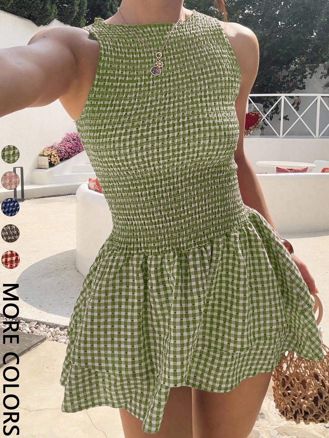 Women's Casual Sleeveless Short Dress, Plaid Pattern, Fitted Style, Perfect for Daily Wear, Comfortable and Stylish