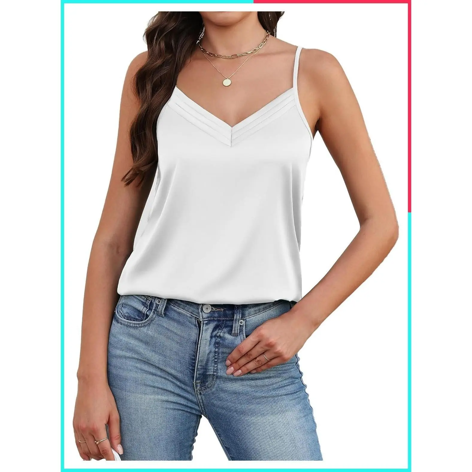 Women's Silk Satin Camisole Tank Top V Neck Adjustable Spaghetti Straps Soft Summer Basic Top