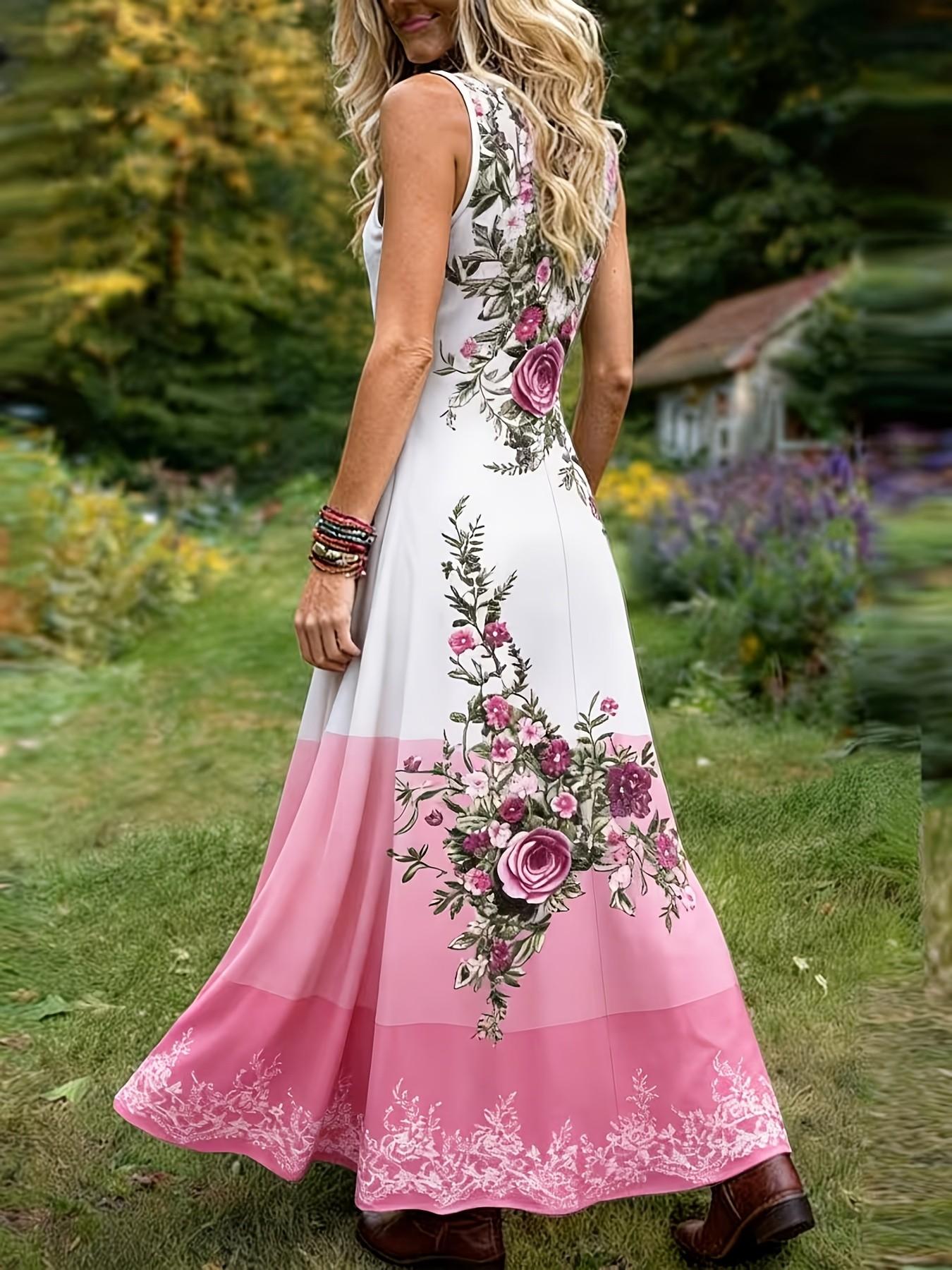 Elegant Vintage Floral Print Sleeveless Dress for Plus Size Women, Colorblock Design, Summer, Perfect for Casual & Special Occasions