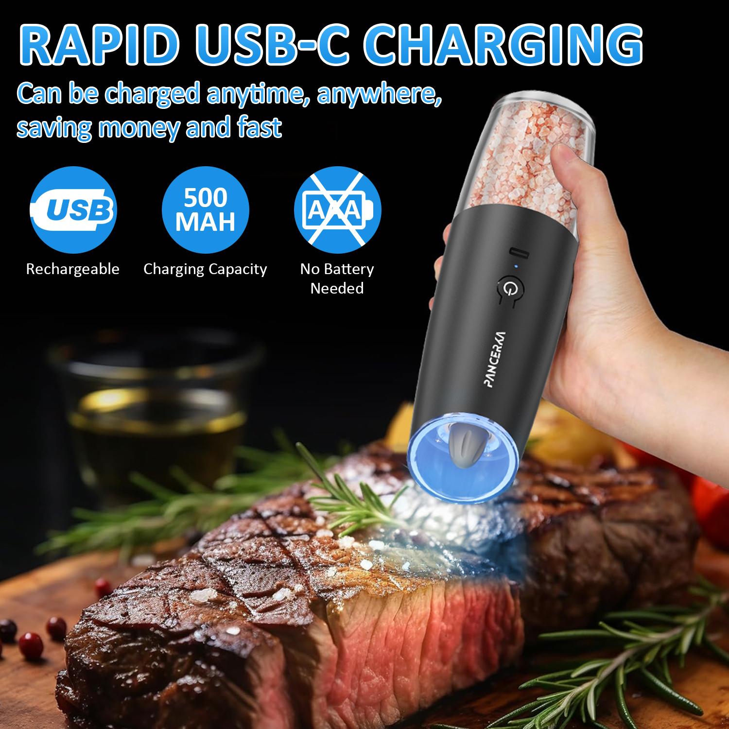 PANCERKA Electric Salt & Pepper Grinder, USB Rechargeable Automatic Pepper Grinder with LED Light, Adjustable Coarseness Pepper Grinder Set for Home Kitchen Cooking, Kitchen Gadgets, Gift
