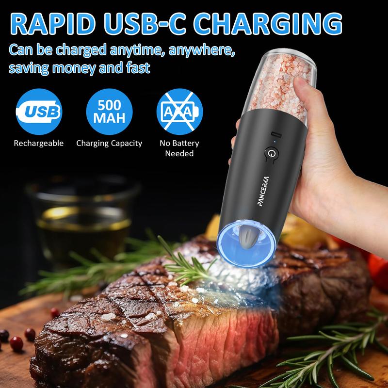 PANCERKA Electric Salt & Pepper Grinder, USB Rechargeable Automatic Pepper Grinder with LED Light, Adjustable Coarseness Pepper Grinder Set for Home Kitchen Cooking, Kitchen Gadgets, Gift