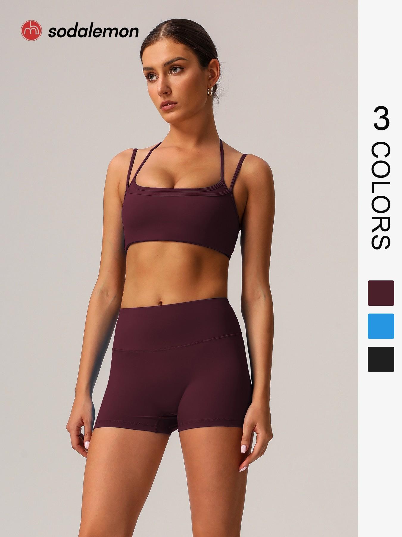 Sodalemon Women's Solid Crop Sports Bra & Shorts Sportswear Set, Casual Comfy Breathable Two-piece Outfits for Yoga Gym Workout Running, Ladies Spring & Fall Clothes