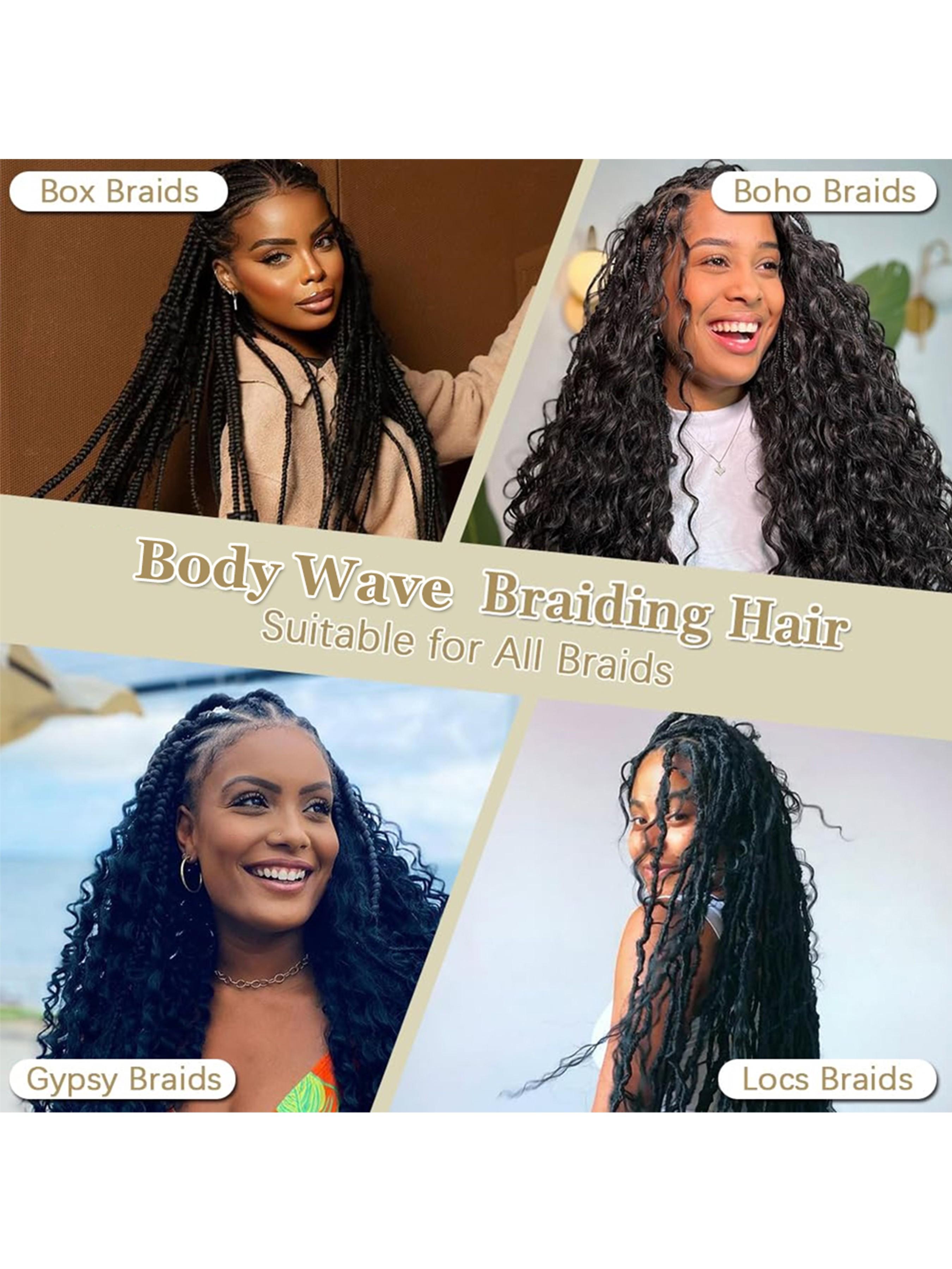 3 Packs Body Wave Braiding Hair 24 Inch Long Pre-Feathered Synthetic Hair Braids for Boho Box Braids Ocean Wave Crochet Braiding Hair Extensions for Women Wavy Hairpieces