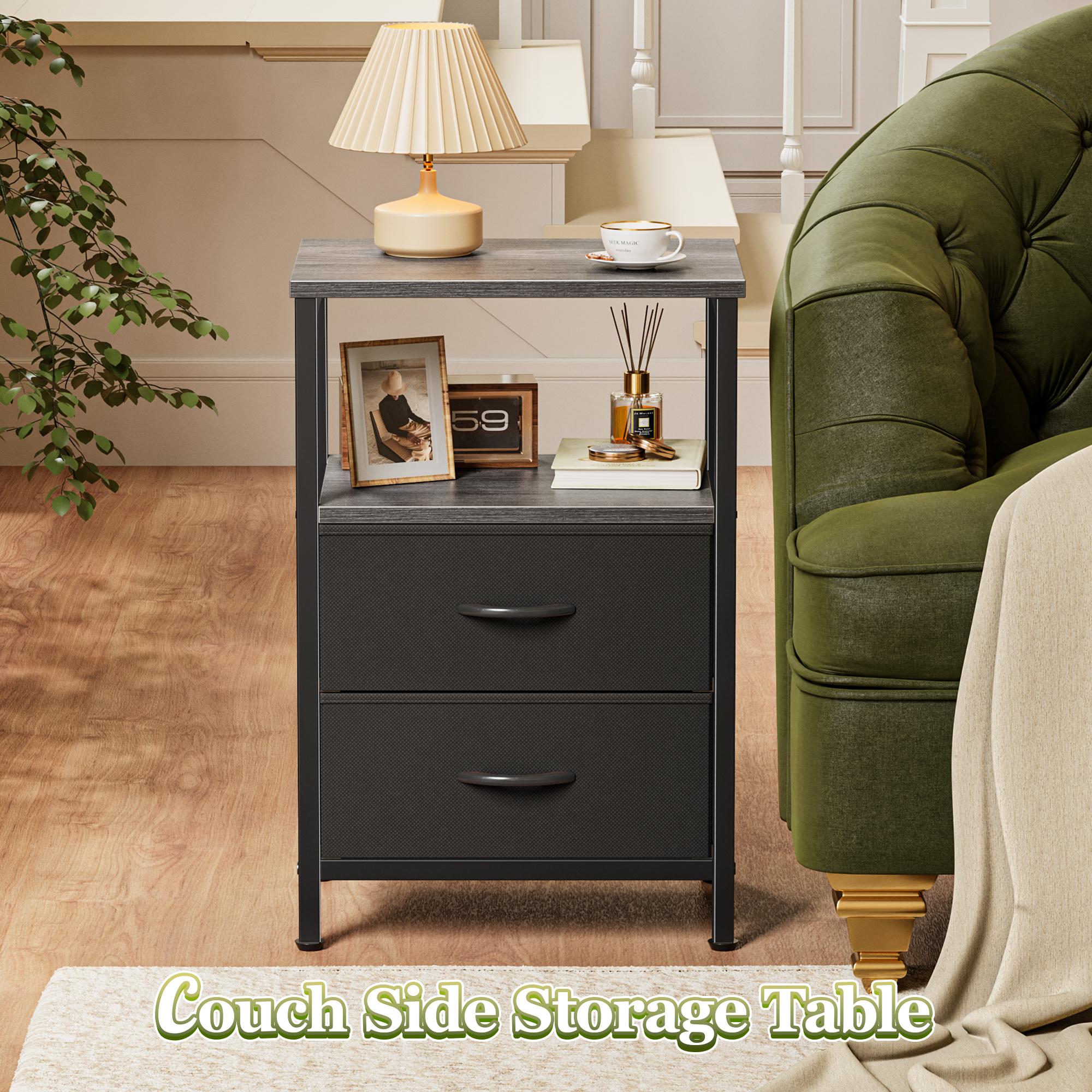 Huuger Night Stand with 2 Drawers, Bed Side Table with Open Shelf, Wooden Top, End Table for Small Space, Bedroom, Fabric Drawer Huuger Night Stand with 2 Drawers, Bed Side Table with Open Shelf, Wooden Top, End Table for Small Space, Bedroom, Fabric Drawer