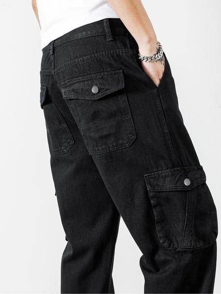 Men's Solid Flap Pocket Cargo Jeans, Loose Casual Street Fashion Denim Pants for Daily Wear, Plain Denim Trousers, Men's Trousers for All Seasons