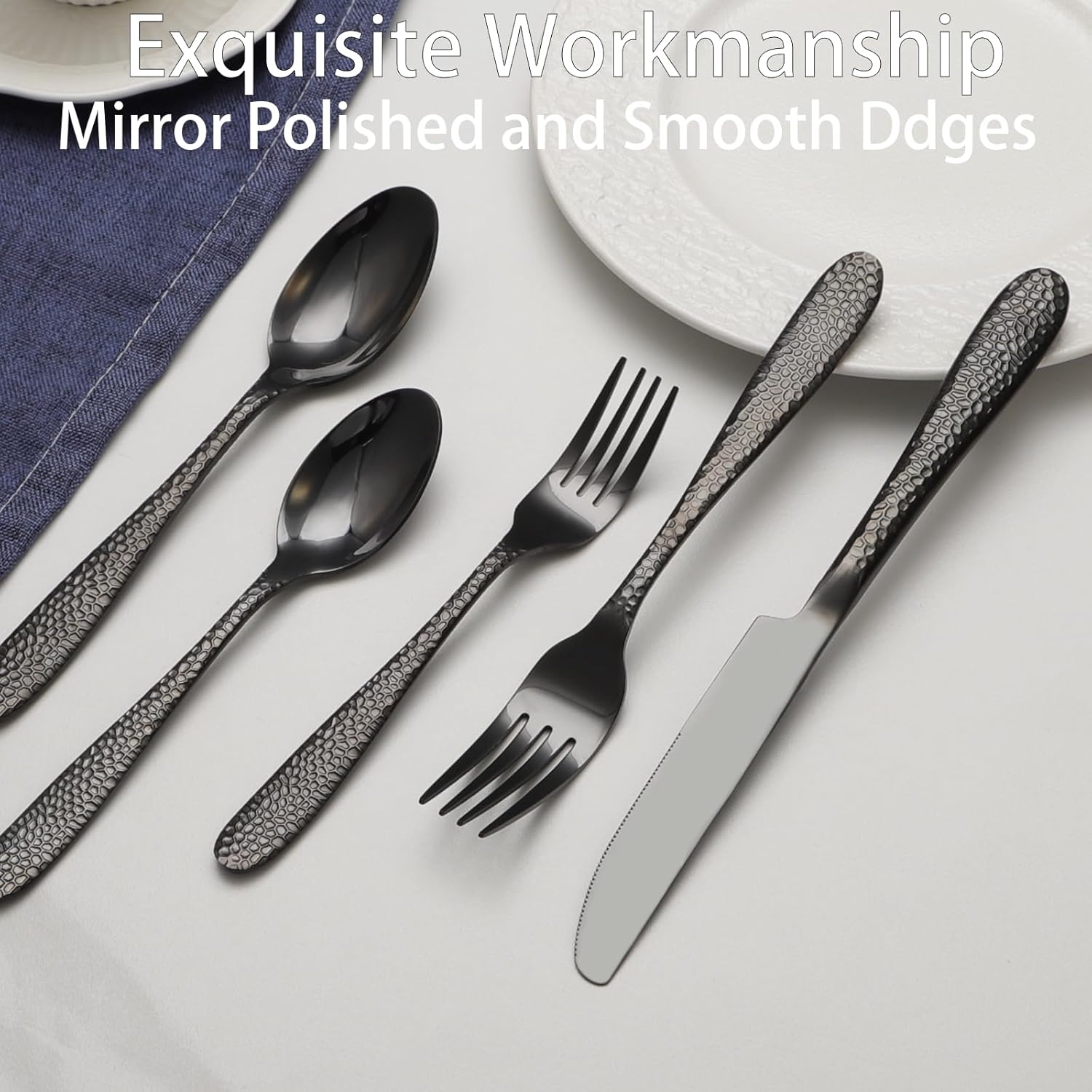Black Hammered Silverware Set, 20 count Stainless Steel Heavy Duty Flatware Set for 4, -Grade Tableware Cutlery Set for  Restaurant, Mirror Polished, Dishwasher Safe