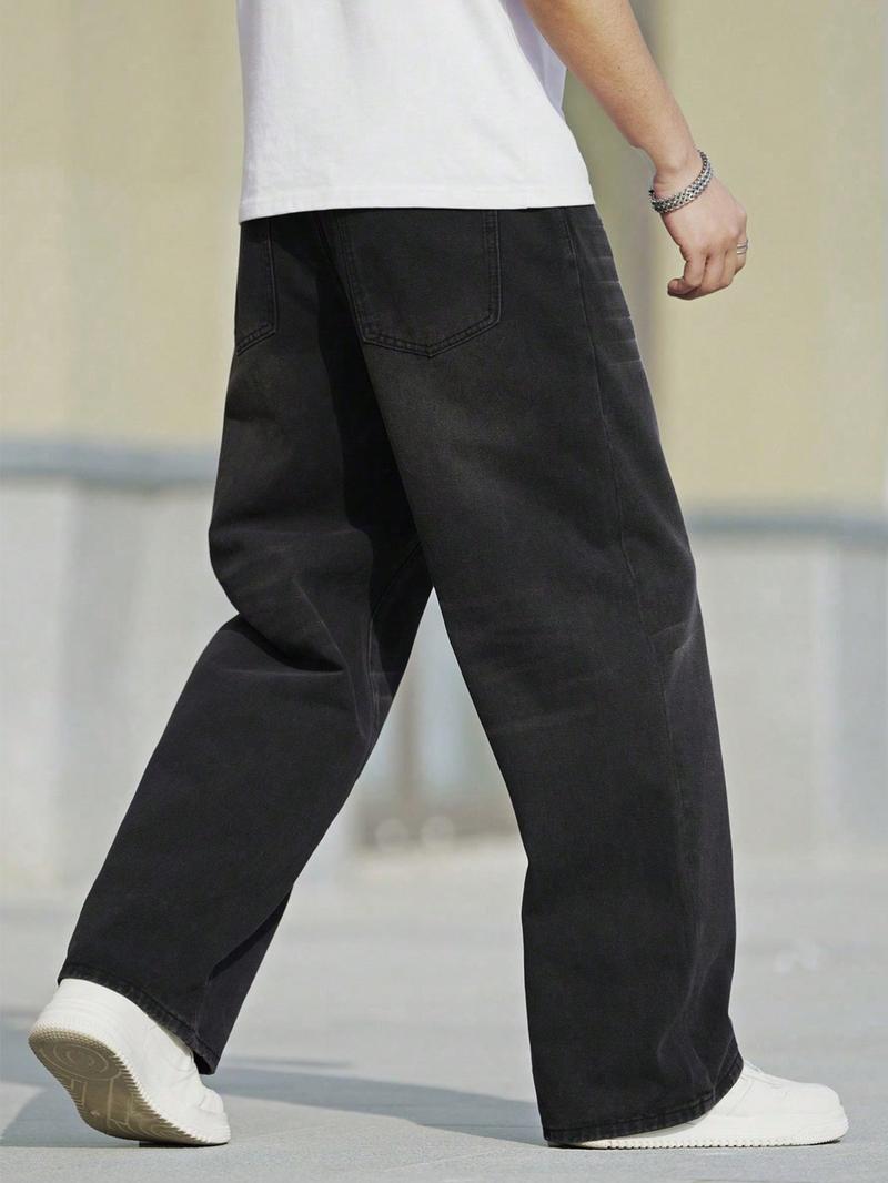 Plus Size Men's Solid Color Wide Leg Jeans, Loose Street Fashion Casual Comfy Pocket Denim Trousers, Jean Pants Bottoms for Daily Wear, Men's Bottoms for All Seasons, Casual High Rise