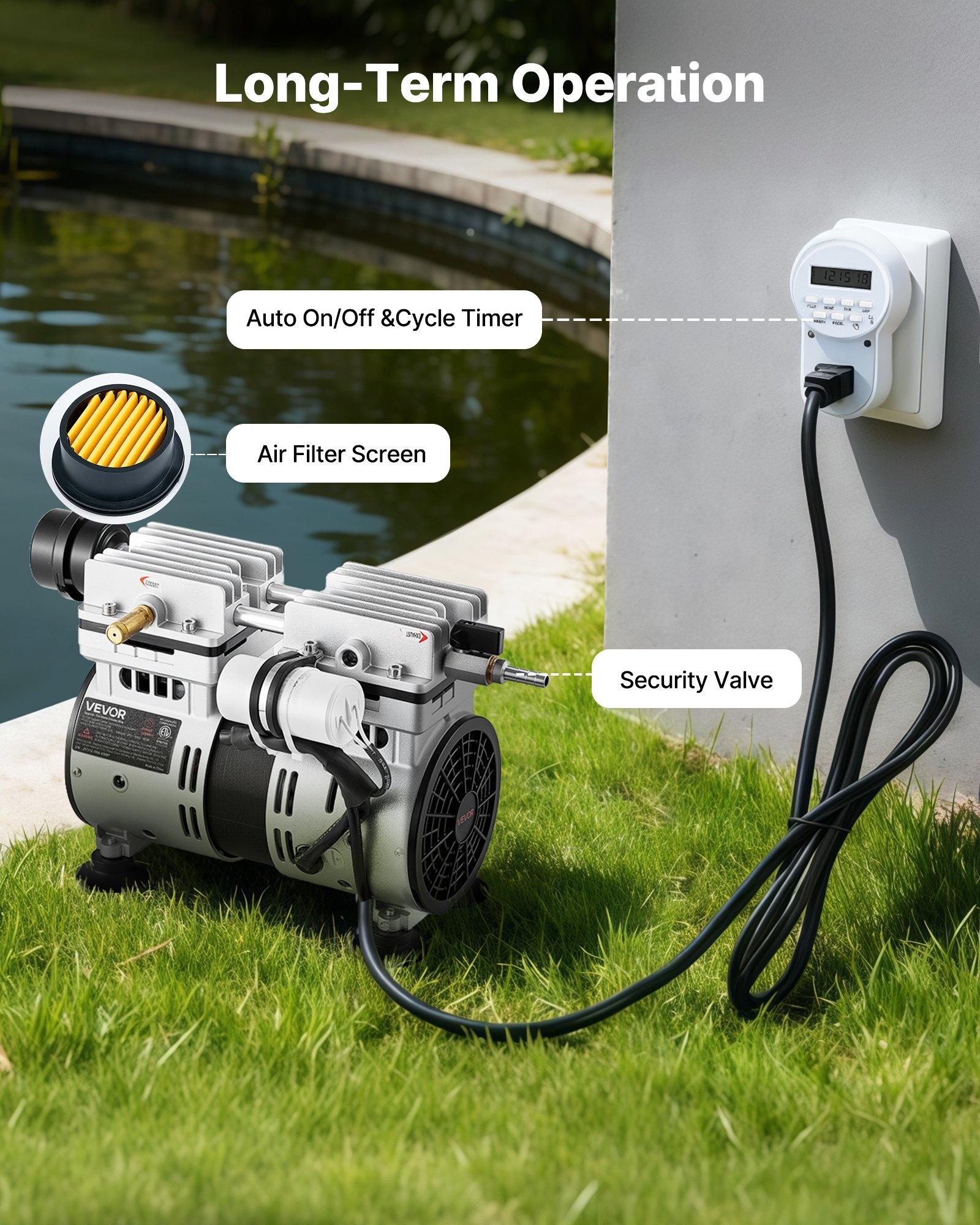 VEVOR Pond Aerator System, 3/4 HP Air Compressor (5.2CFM), 1 Diffuser, 100' Weighted Tubings, Deep Water Oxygen Boost Pump for Max 3-Acre Outdoor Lakes