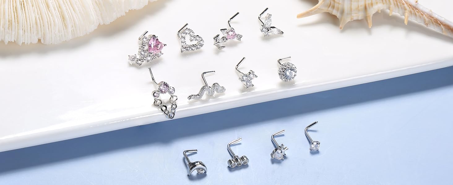 12pcs Nose Rings for Women, Dangle & Studs Set, Stainless Steel L-Shaped, Heart Snake Butterfly Cz, Elegant Nose Piercing Jewelry