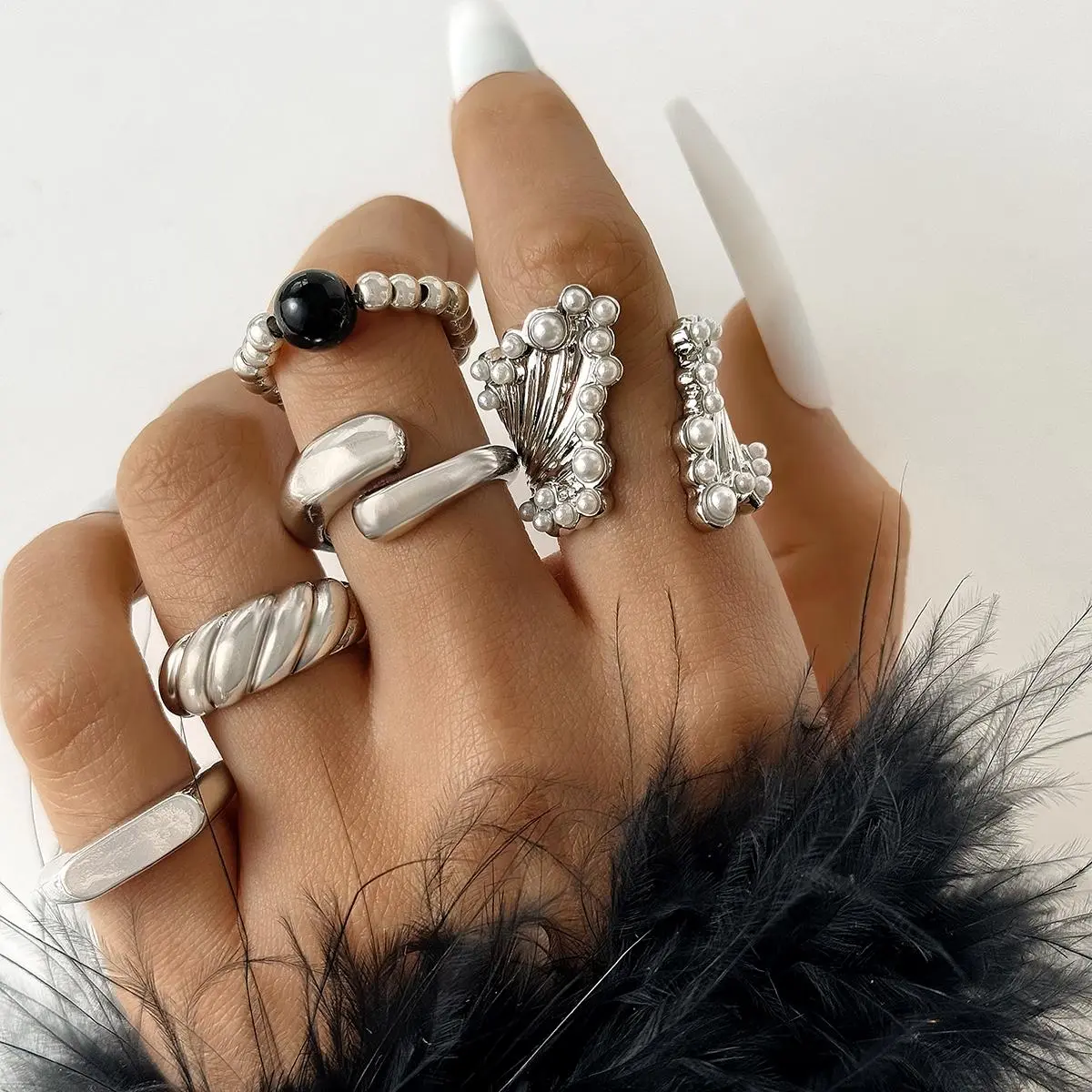 Tocona Fashion Pearl Stone Wing Ring Sets for Women Classic Water Drop Lrregular Rings Jewelry Party Jewelry 5pc/set 26321
