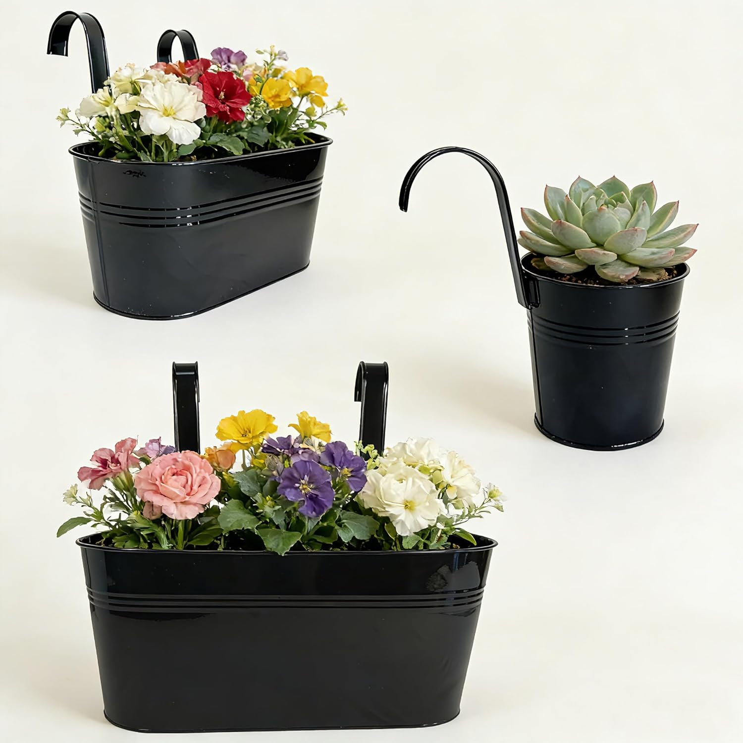 Set of 6 Balcony  Planters, 2 count 17" Metal Railing Flower Pots & 2 count 12" Deck Planter & 2 count 4" Fence Pot for Outdoor Patio Garden Decor, Black