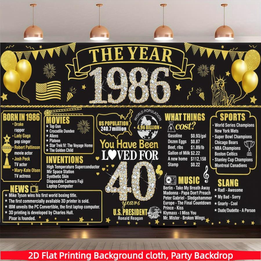 Retro Black Gold 40th Birthday Party Background Cloth, Black Gold 40th Birthday Banner, Retro 1986 Background Poster Photography Background, Polyester Material, Suitable for Photo Booth, Party, Birthday, Celebration, and Indoor/Outdoor Family Birthday