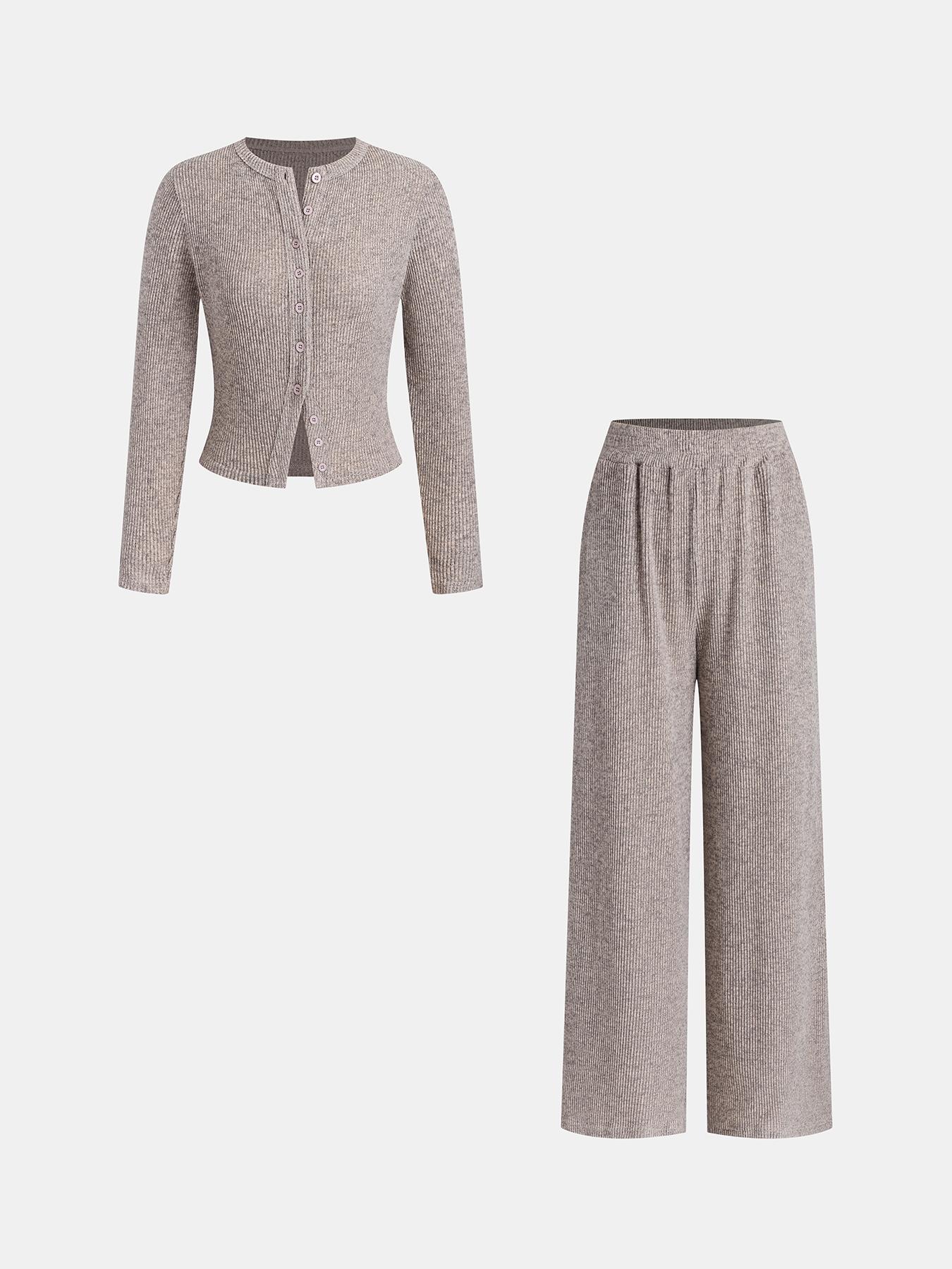 Women's Autumn Winter 2-Piece Set, Casual Aesthetic Round Neck Knitted Cardigan with Buttons & Loose-Fit Pants
