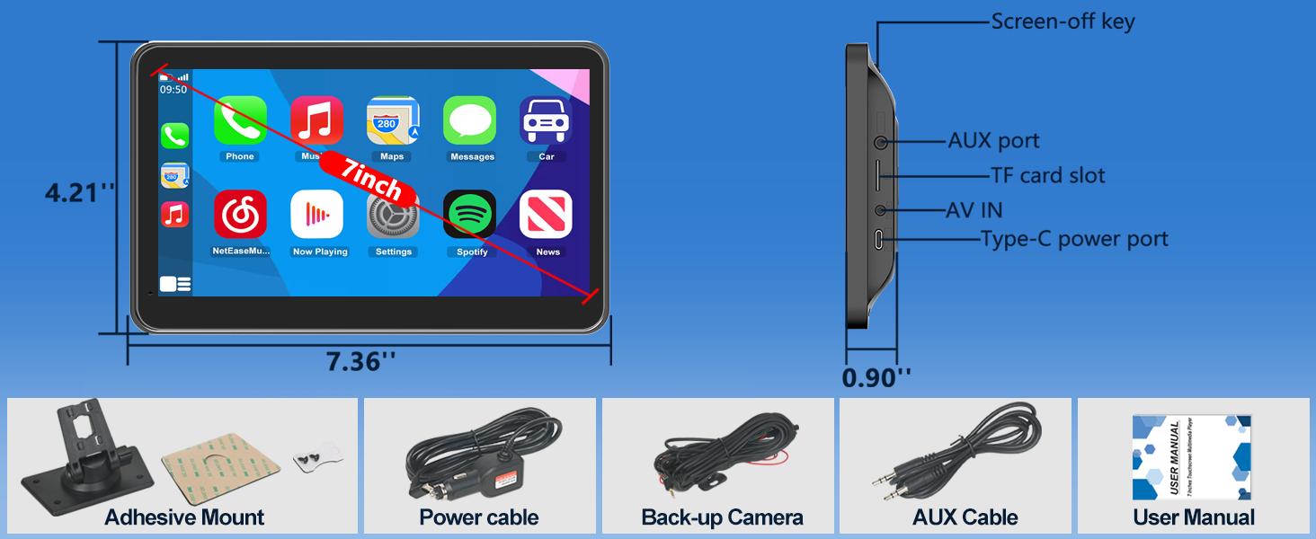 【PASLDA】Portable Wireless Carplay Car Stereo, 7" HD Touchscreen for Car with Apple CarPlay & Android Auto with Backup Camera/Mirror Link/Voice Control/Bluetooth/GPS/AUX for All Vehicles