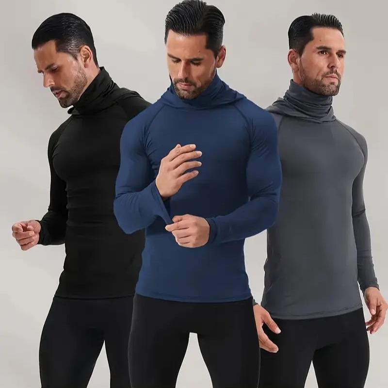 [Quick Dry Hoodies] 3 Men's Quick Drying Breathable Hoodies With Masks |   Long Sleeved T-shirt - Spring And Autumn Compression Sports Top - Enhance Your Workout Performance, It's A Gift