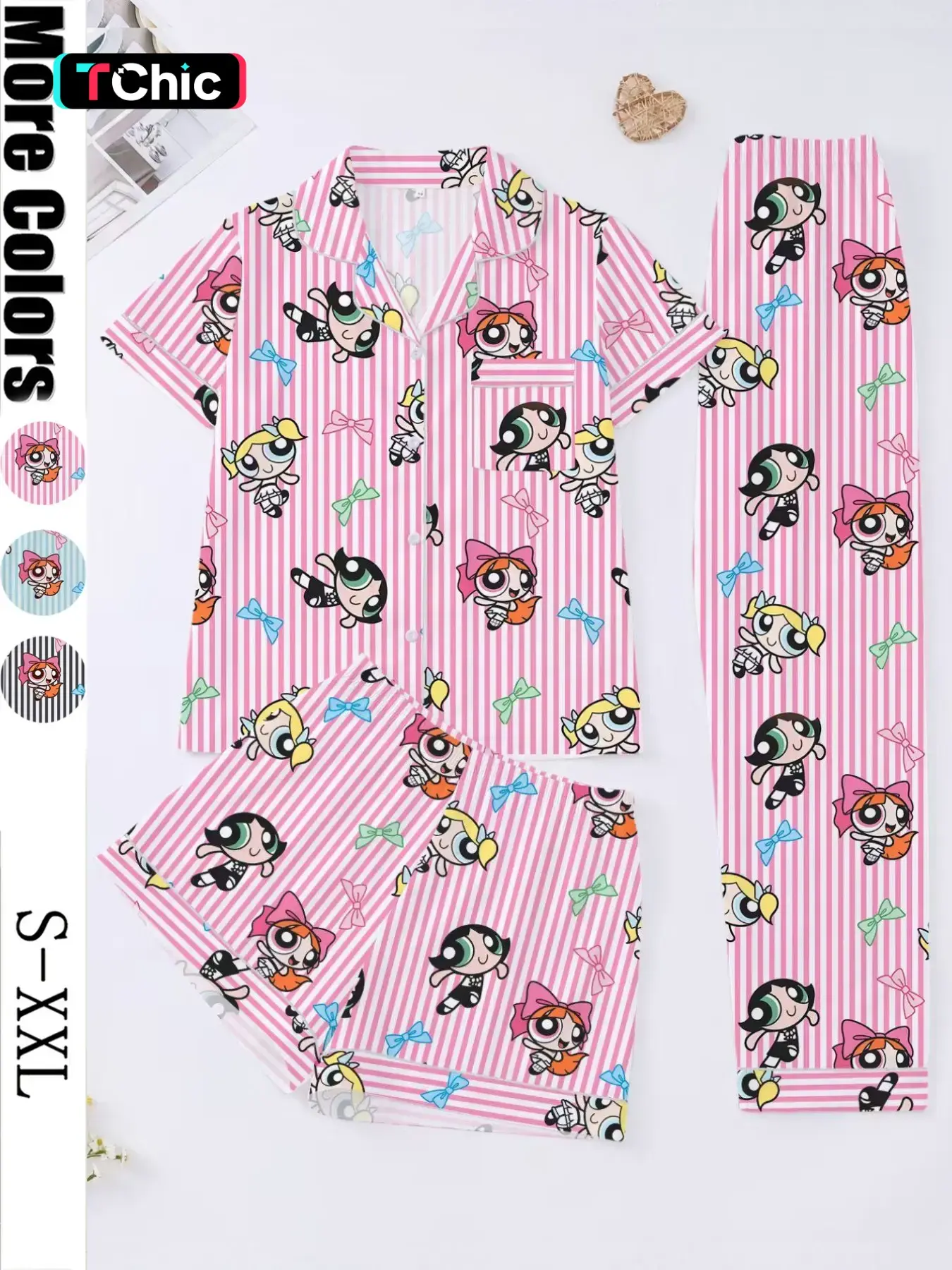 Women's 3-Piece Striped Pajama Set, Casual Cartoon Print Sleepwear, Soft Fitted Top, Elastic Shorts & Pants, Elegant Daily & Party Wear, Pjs
