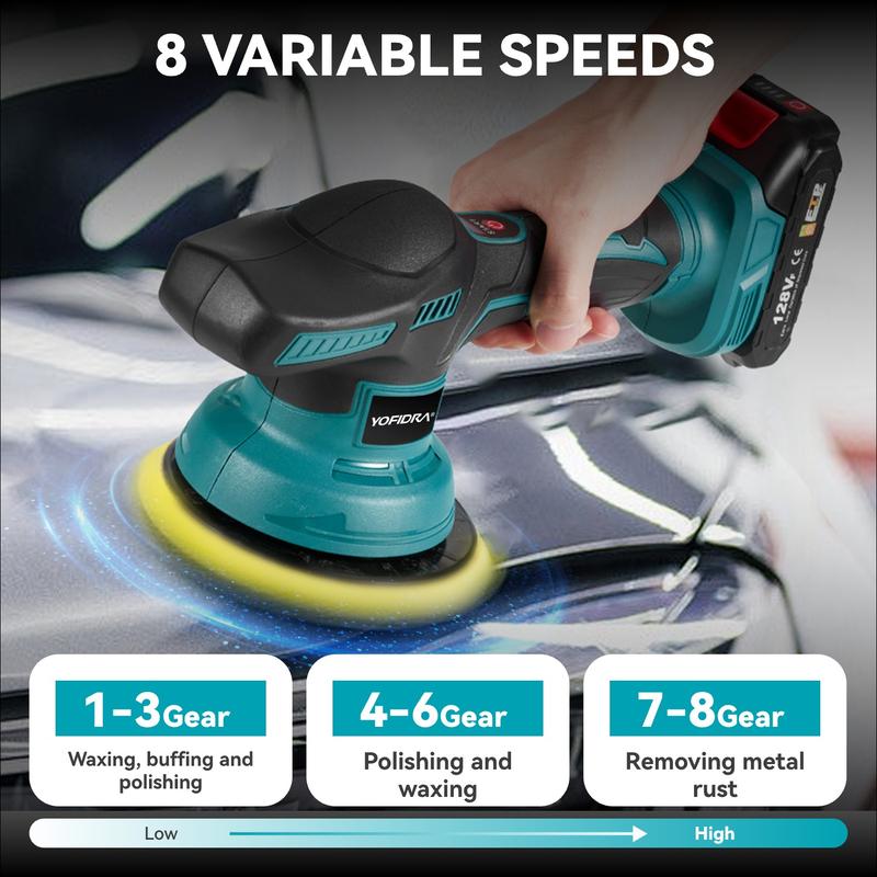 YOFIDRA 21V Cordless Car Polisher, 8-Speed Display Buffer Power Tool with 150mm Pad, 2.0Ah Battery, 5500RPM, for DIY Auto Detailing Black