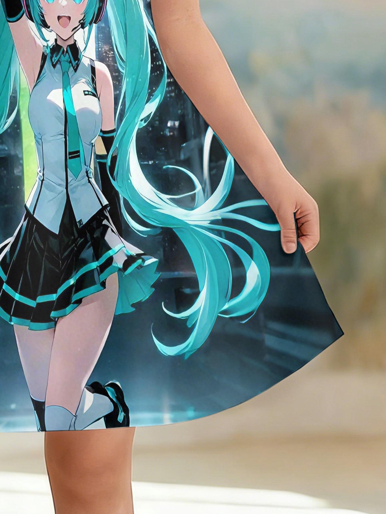 Trendy Girls' Anime Print A-Line Dress, Cute Short Sleeve, Fashionable Outdoor Wear, Perfect Birthday & Holiday Gift