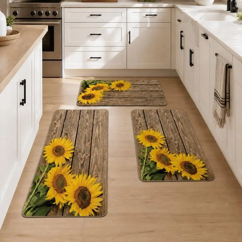 1pc Sunflower Diatomaceous Earth Kitchen Rug – Vintage Yellow Washable Non-Skid Runner Rug, Low Pile Farmhouse Indoor Accent Throw Doormat for Kitchen Rustic Home Decor