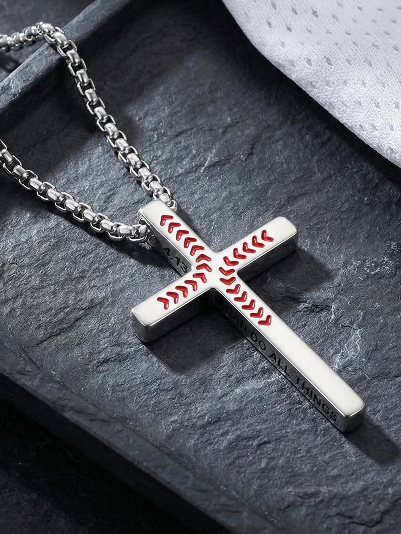 Punk Fashion Cross Necklace 4:13 Bible Verse Cross Pendant Necklace, Black and Silver Necklaces for Boys and Men #Baseball/316L Stainless Steel/Fade-Resistant/Hypoallergenic/Couples/Festivals/Parties/Ideal Gift